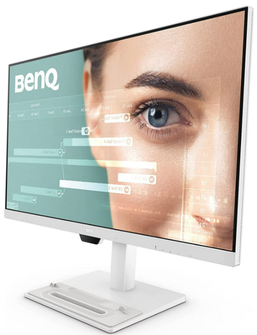 Weißer Computermonitor mit einem Auge und Daten-Overlay auf dem Bildschirm.