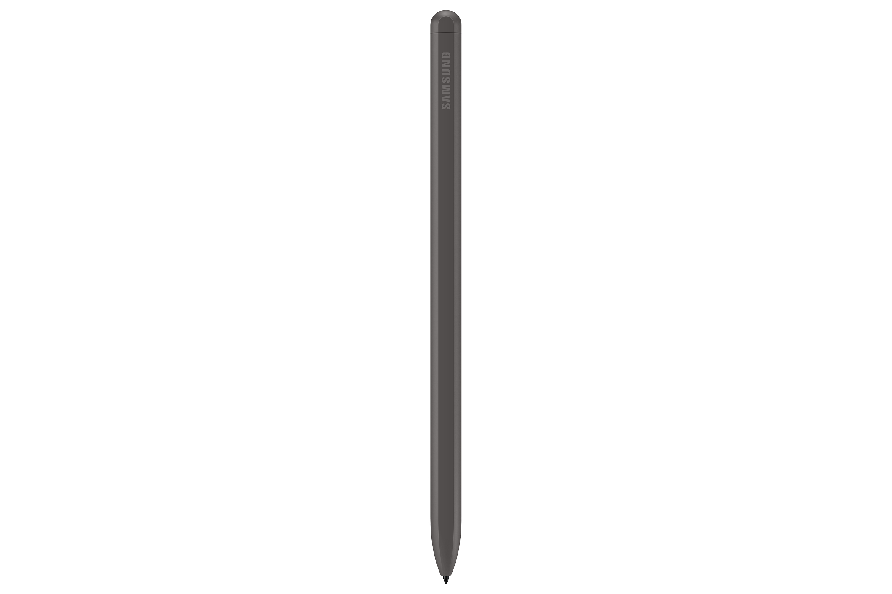 Lápiz táctil gris oscuro con el logotipo de Samsung sobre fondo blanco.