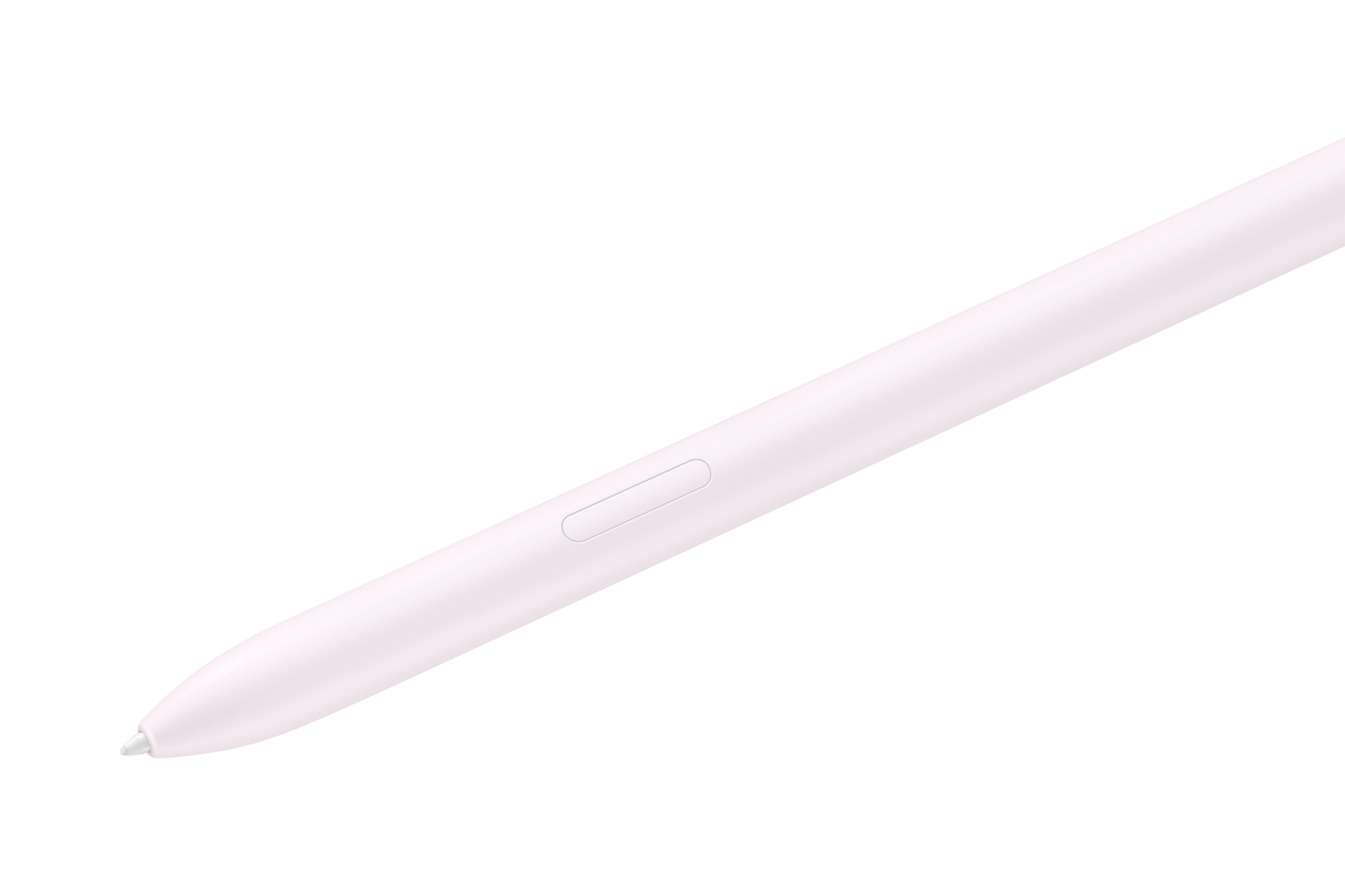 Un lápiz óptico rosa claro sobre un fondo blanco, con un botón en el lateral.
