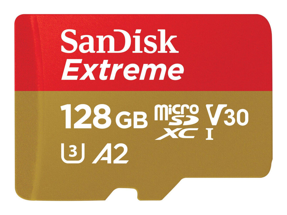 Czerwona i złota karta microSD SanDisk Extreme z tekstem, 128 GB i UHS-I.