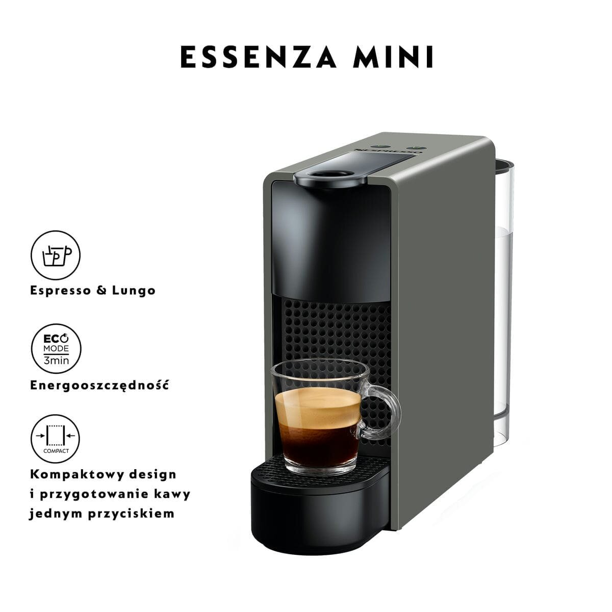 Szara ekspres do kawy Nespresso Essenza Mini. Szklanka kawy stoi pod dyszą.