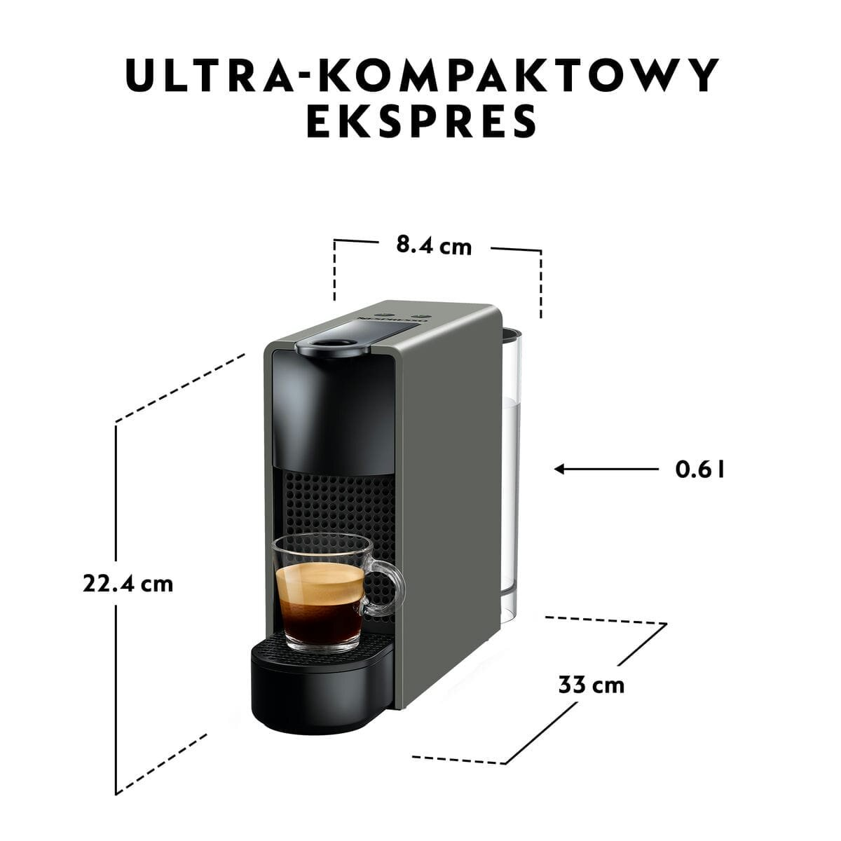 Szara maszyna do espresso ze szklanką. Wymiary są pokazane. Tekst na górze.