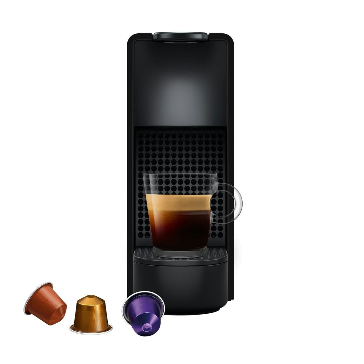 Czarny ekspres do kawy Nespresso Essenza Mini z kawą i kapsułkami.