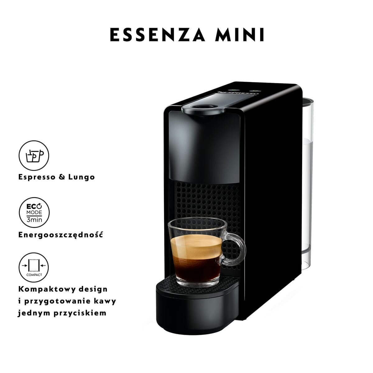 Czarny ekspres do kawy Nespresso z filiżanką kawy z przodu.