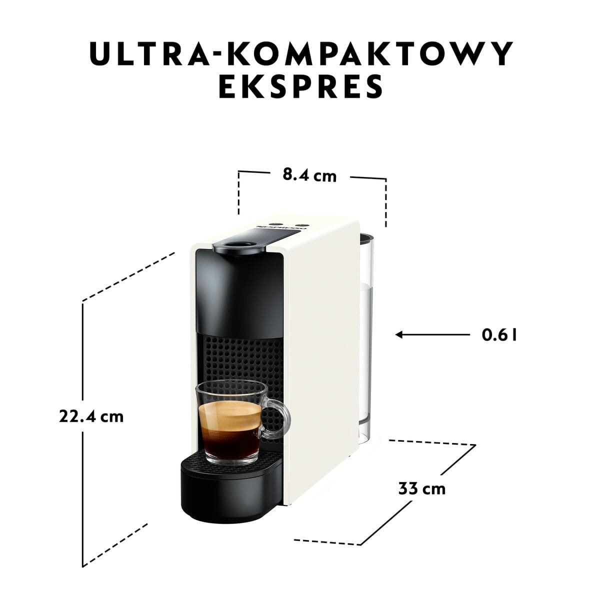 Ekspres Nespresso z wymiarami. Espresso w szklance. Biało-czarny design. Tekst u góry.
