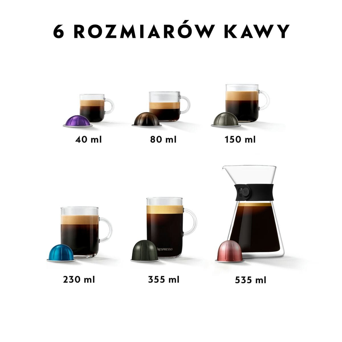 Obraz przedstawiający sześć rozmiarów filiżanek do kawy z odpowiednimi kapsułkami Nespresso, od 40 ml do 535 ml.