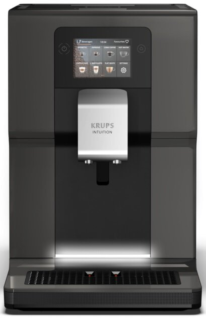 Ciemnoszary ekspres do kawy Krups Intuition z ekranem dotykowym i srebrnym akcentem.