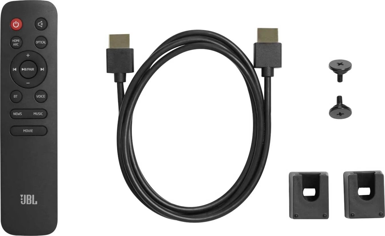 Pilot, kabel HDMI, śruby i wsporniki montażowe do soundbara.