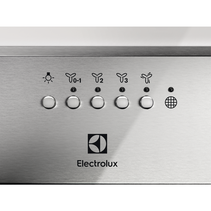 Egy rozsdamentes acél panel gombokkal és ikonokkal. Az Electrolux logó alul található.