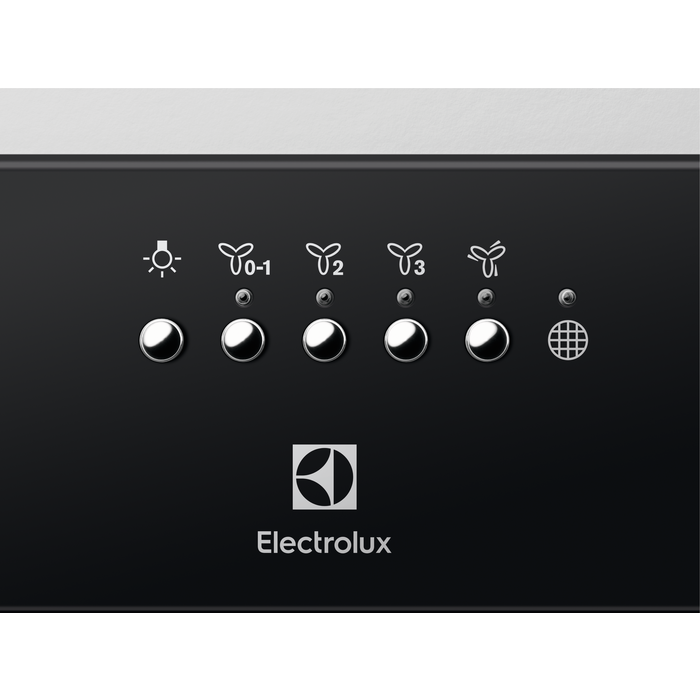 A fekete páraelszívó vezérlőpultjának közeli képe gombokkal és Electrolux logóval.