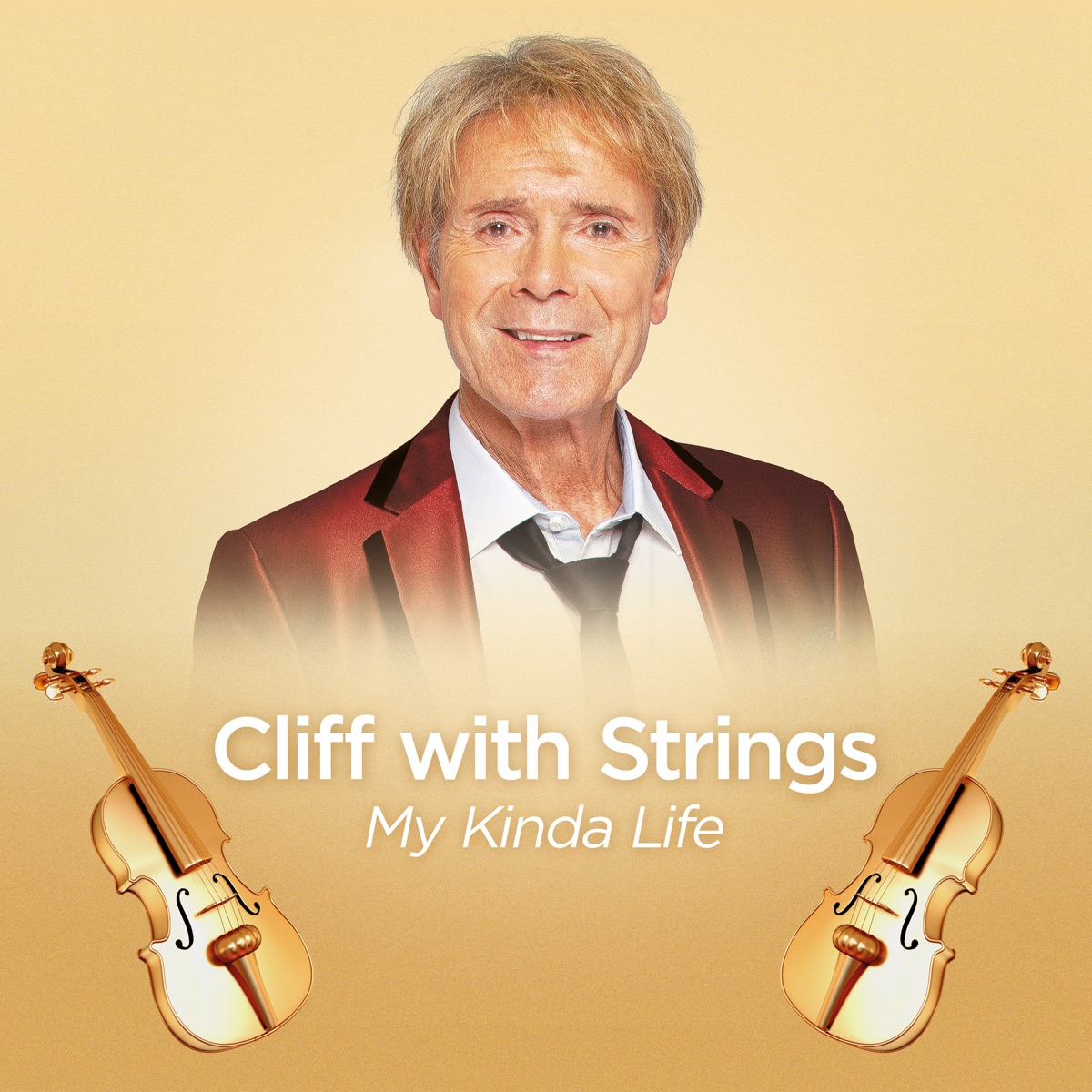 Cliff Richard egy album borítóján. Két hegedű oldalt. Sárga háttér.