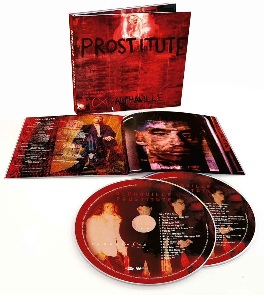 'Alphaville - Prostitute' albumborító, piros háttérrel, nyitva CD-kkel.