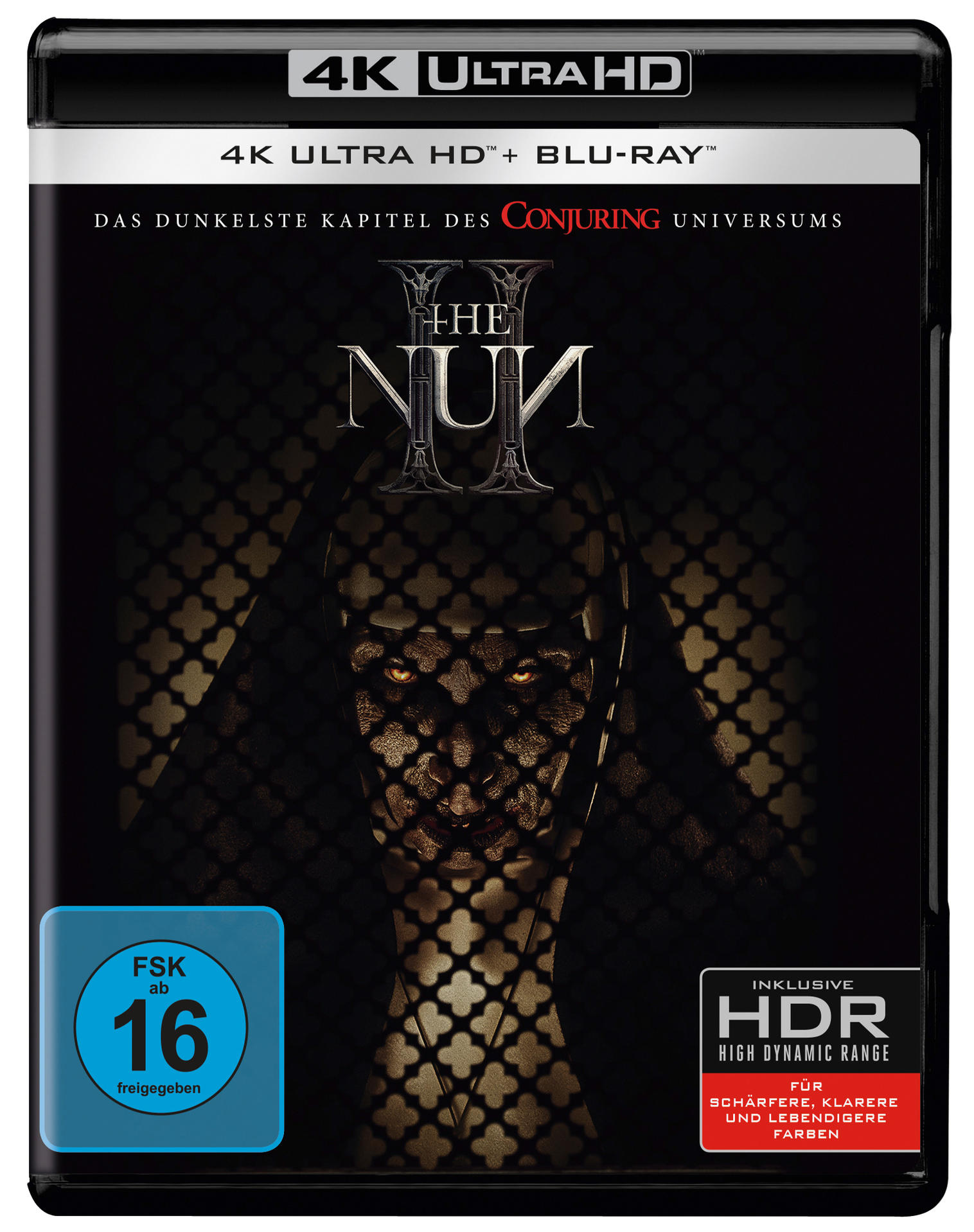 DVD-Cover für "The Nun", ein Horrorfilm, mit dem Gesicht einer Nonne und dunklem Hintergrund.