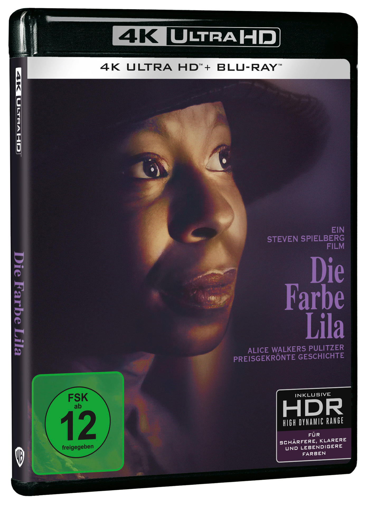 DVD-Hülle des Films 'Die Farbe Lila', mit dem Gesicht einer Frau und Text auf Deutsch.
