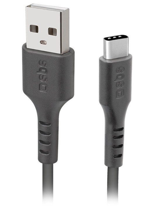 Czarny i szary kabel USB ze złączami USB i USB-C. Widoczne logo sbs.