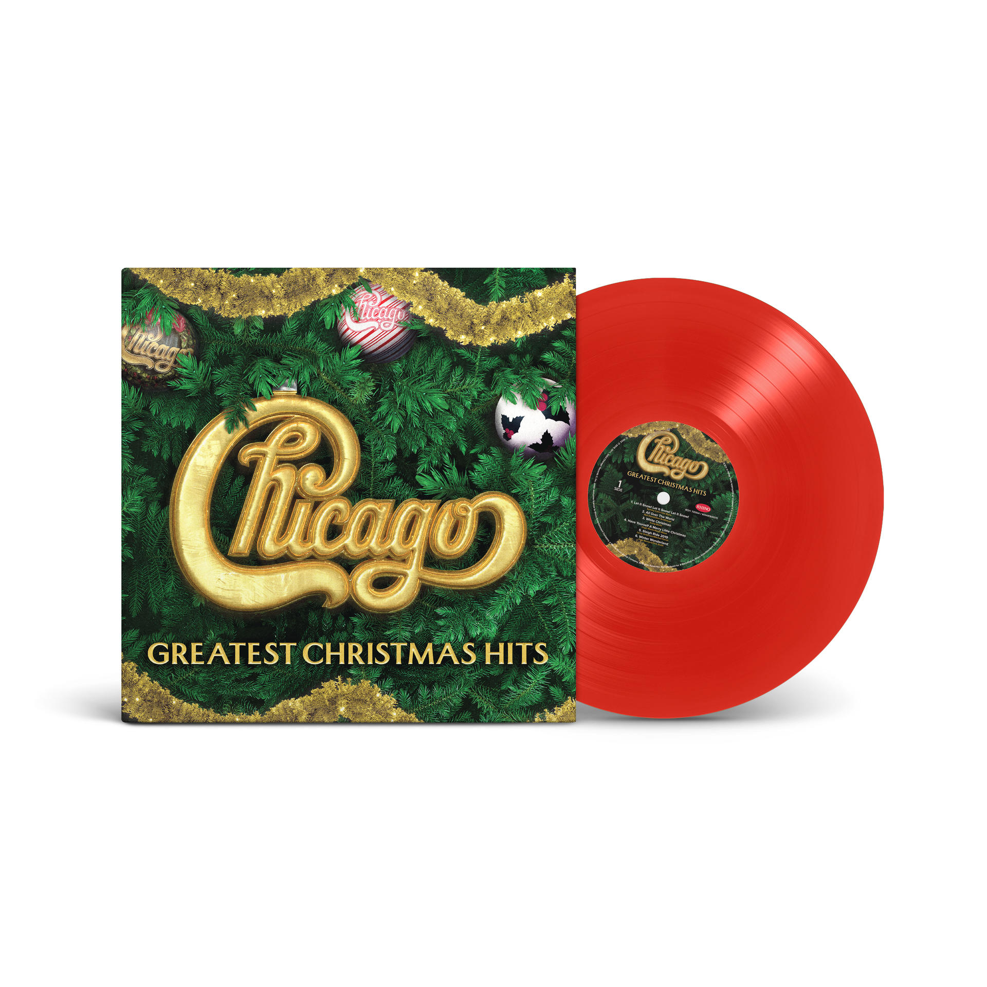 Album borító: Chicago 'Greatest Christmas Hits'. Piros bakelit lemez. Karácsonyfadíszek és arany Chicago logó.