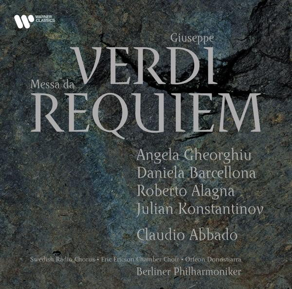 Verdi Requiem album borító. Sötét kő háttér fehér szöveggel és művésznevekkel.