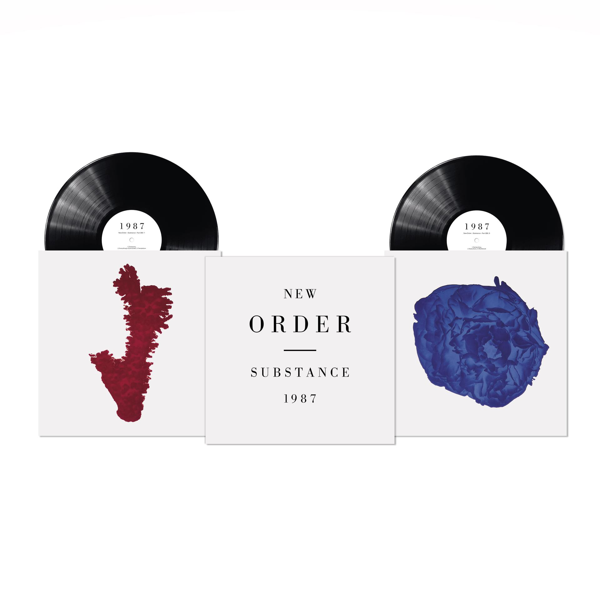 New Order Substance 1987 bakelit lemezek. Két fekete lemez és albumborító.