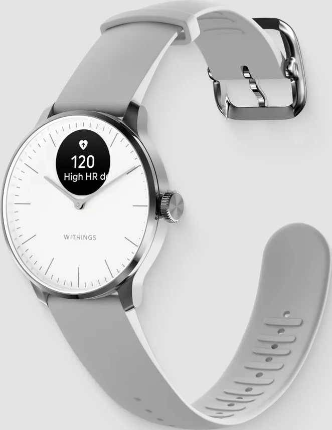Montre connectée Withings argent et grise, affichant les données de fréquence cardiaque.