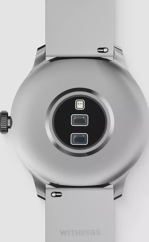 Dos d'une montre intelligente argentée avec capteurs et bracelets attachés.
