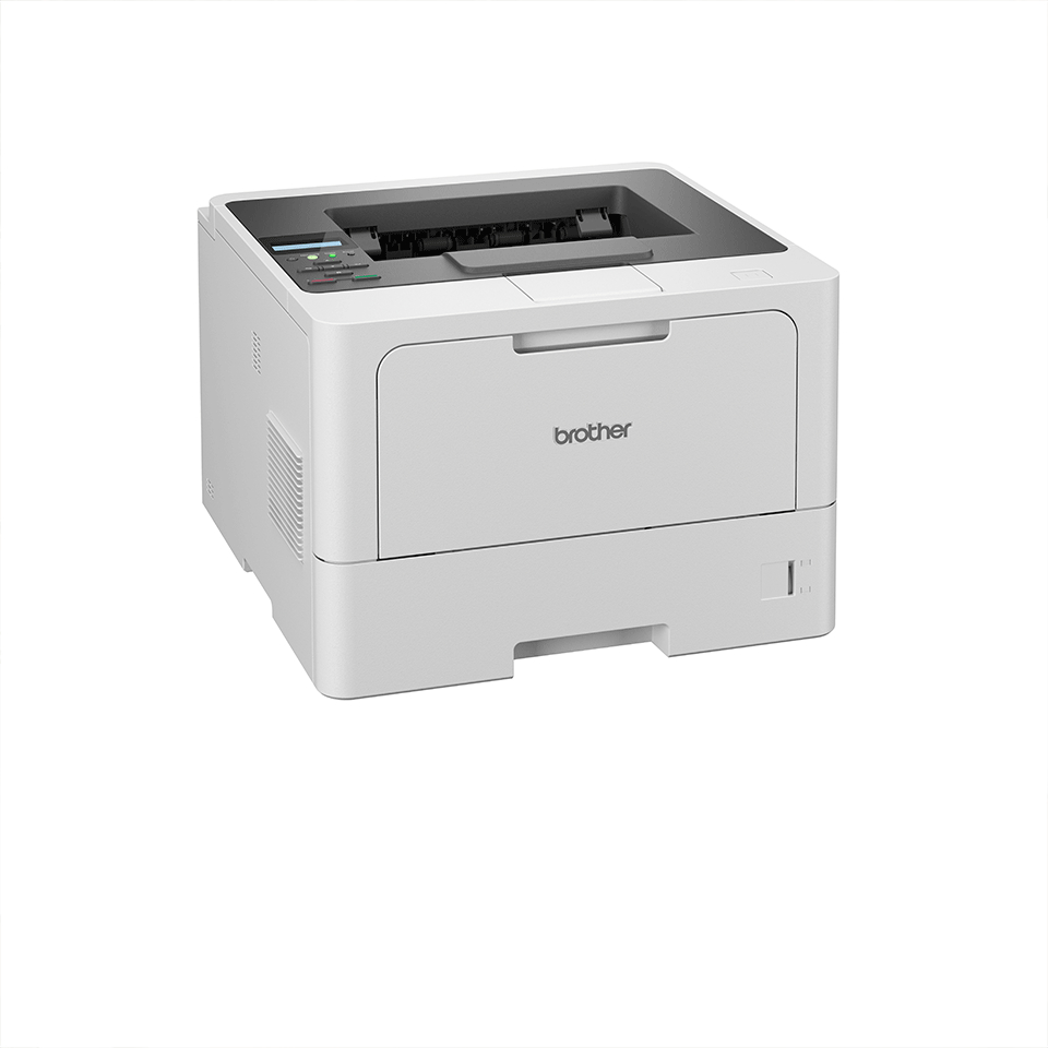 Weißer Brother-Drucker mit schwarzer Oberseite und offenem Papierfach. Der Hintergrund ist weiß.