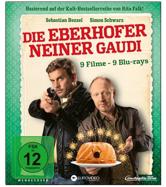 Filmcover von zwei Männern. Einer zielt mit einer Waffe, der andere hält einen Kuchen. Text auf Deutsch.