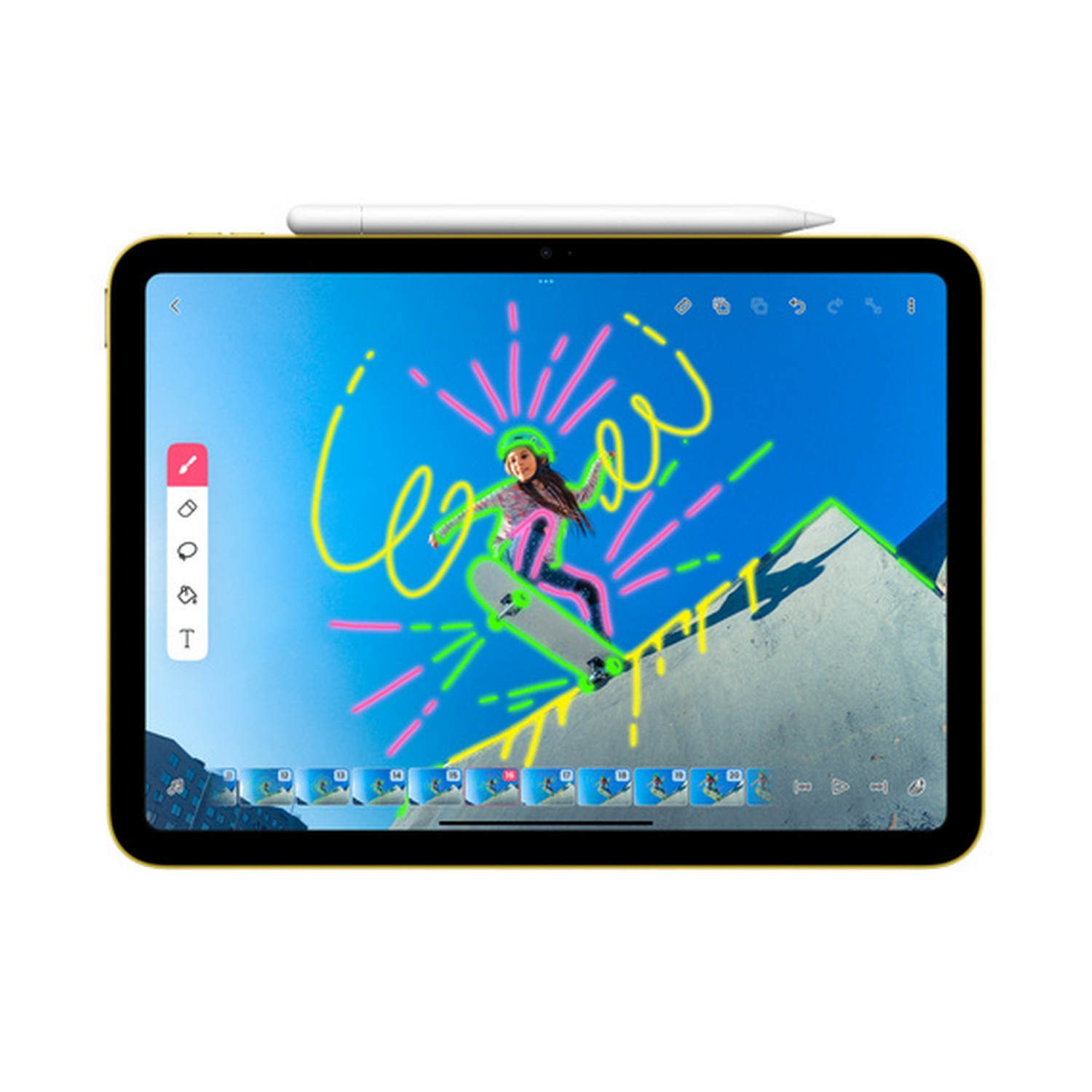 A yellow iPad with a drawing of a skater on a blue sky background. A stylus pen is on top.