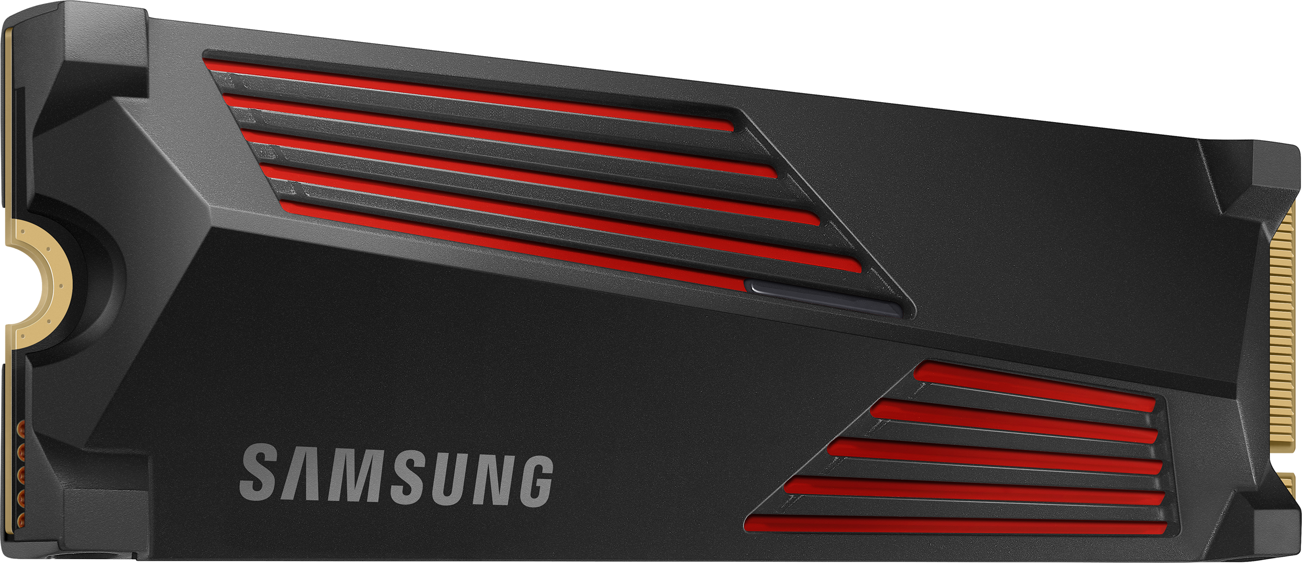 SSD Samsung noir, vue en angle, avec des accents rouges et le logo Samsung.