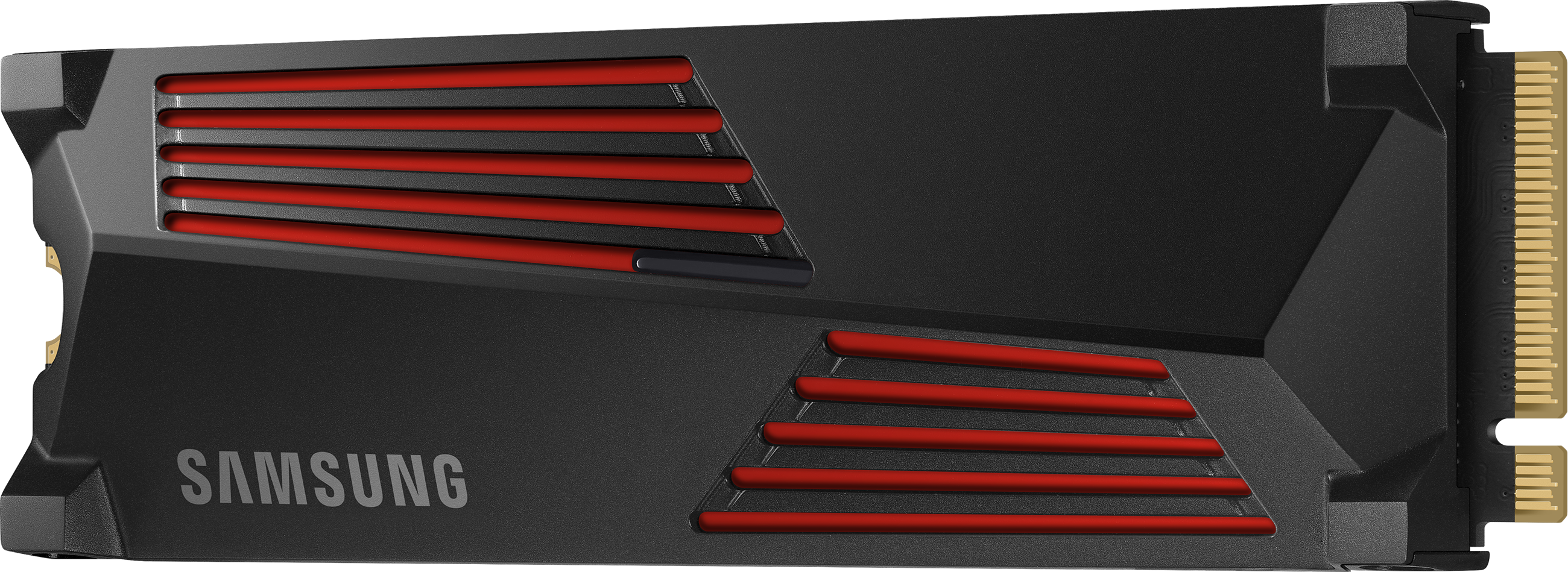 SSD Samsung noir avec des accents rouges, vue en angle, sur fond blanc.
