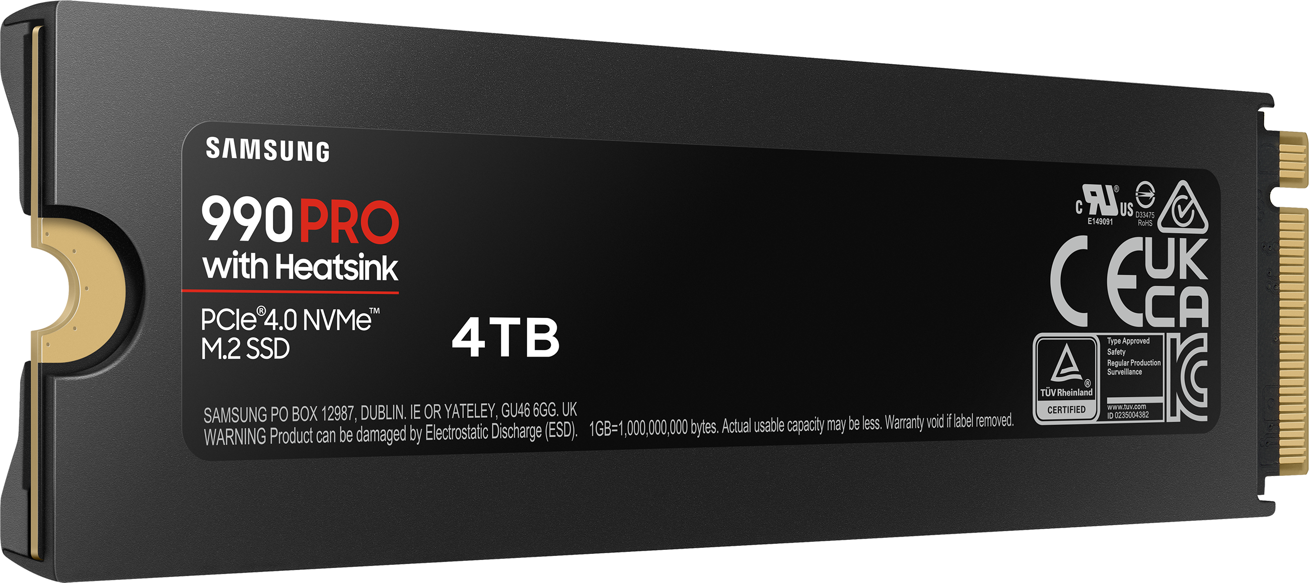Un SSD Samsung 990 Pro noir avec dissipateur thermique. Il a une capacité de 4 To et diverses étiquettes.