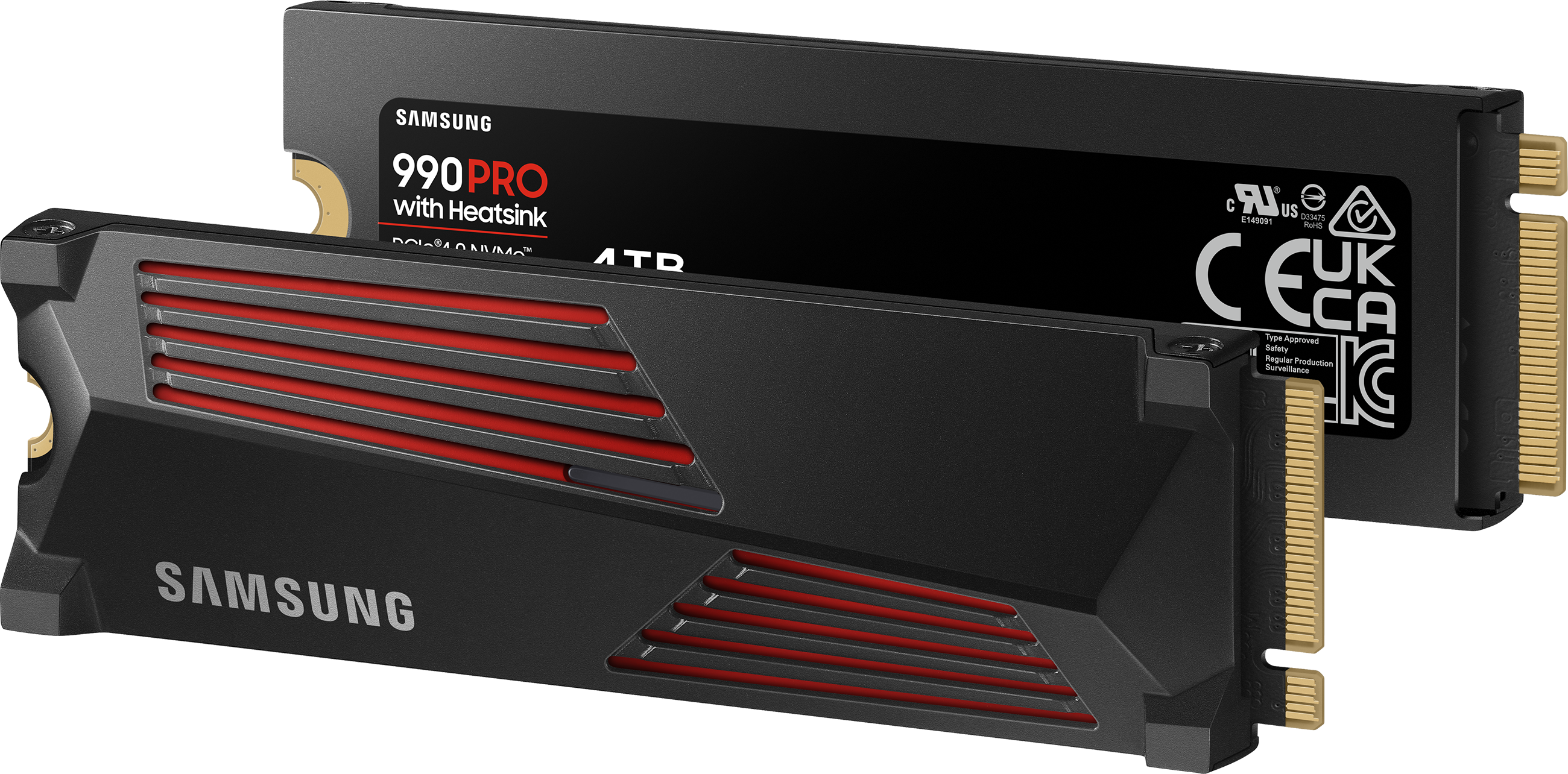 Deux SSD NVMe Samsung 990 PRO noirs avec dissipateurs thermiques, dont un dans un emballage.