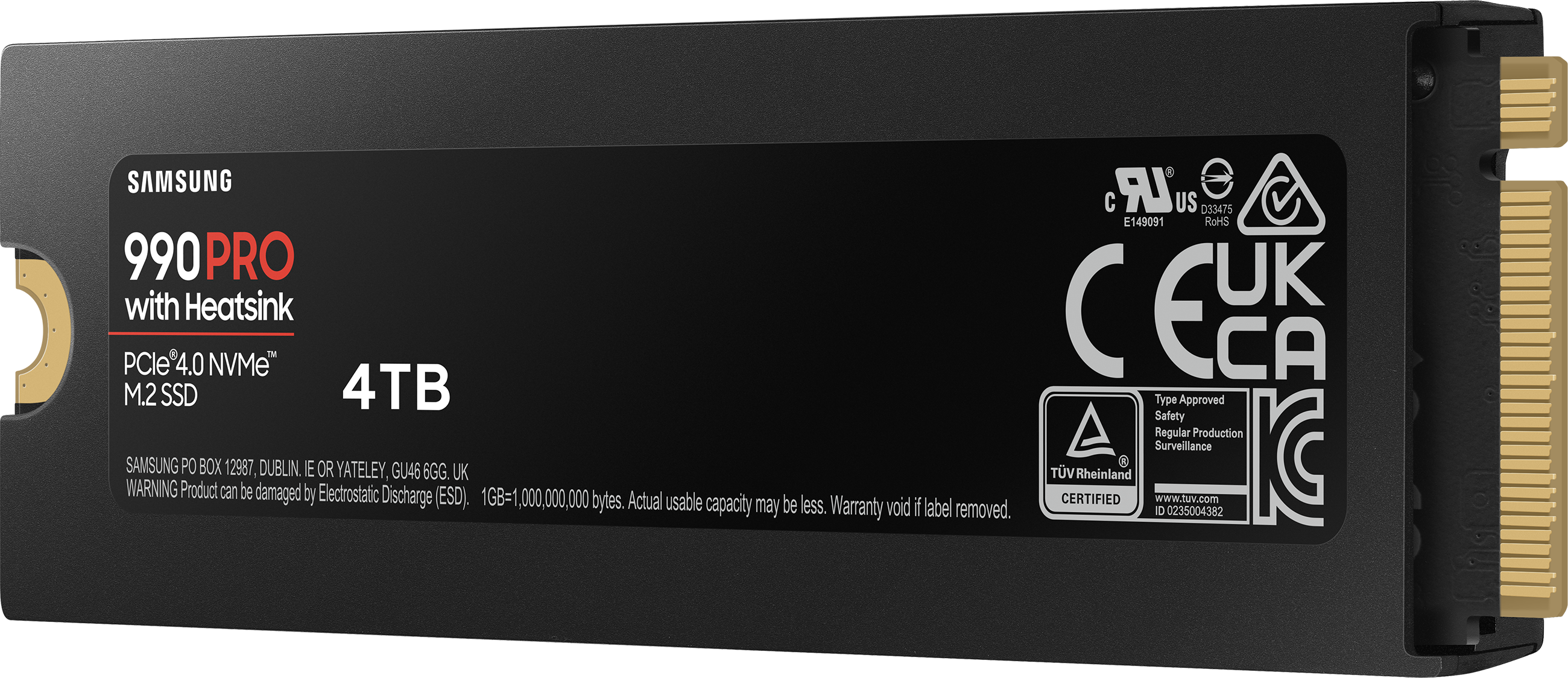 Un SSD Samsung 990 PRO noir avec dissipateur thermique. Le texte '4TB' est en évidence sur l'étiquette.