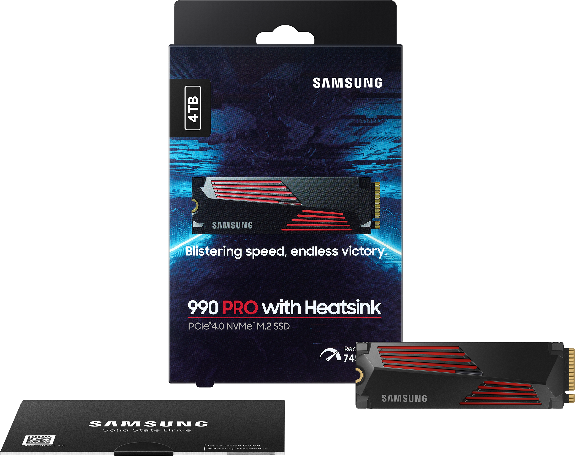 Une boîte SSD Samsung avec le SSD à l'intérieur et un SSD séparé. La boîte porte le texte '4TB'.