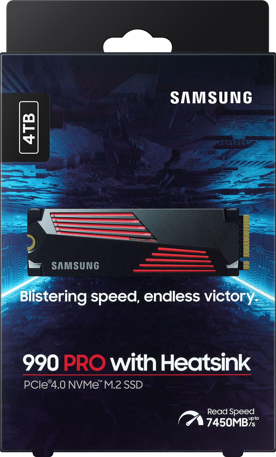 Une boîte de produit pour un SSD Samsung 990 PRO avec dissipateur thermique. La boîte est noire avec des accents rouges.