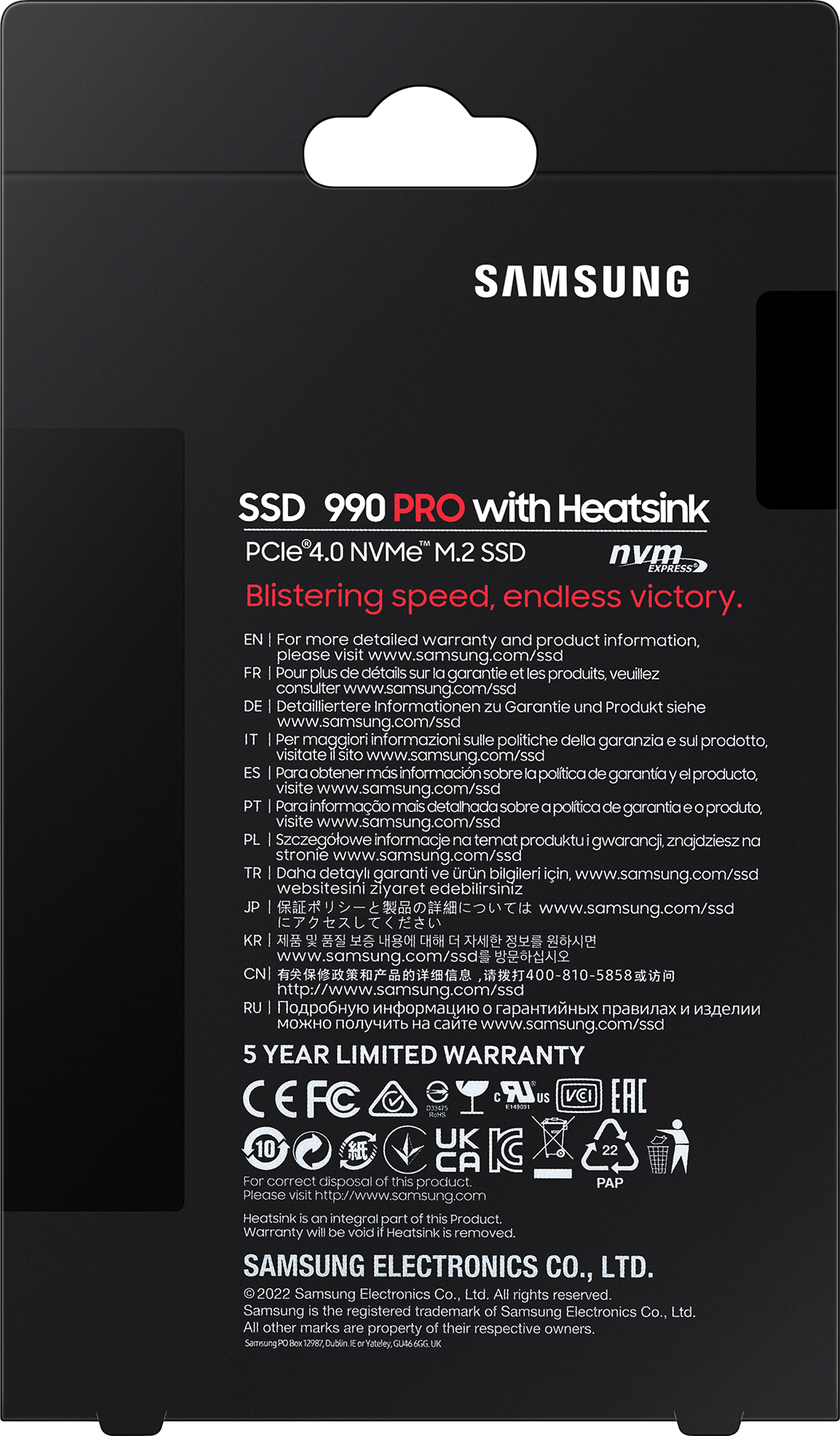 Dos d'une boîte SSD Samsung noire avec texte, logos et garantie de 5 ans.