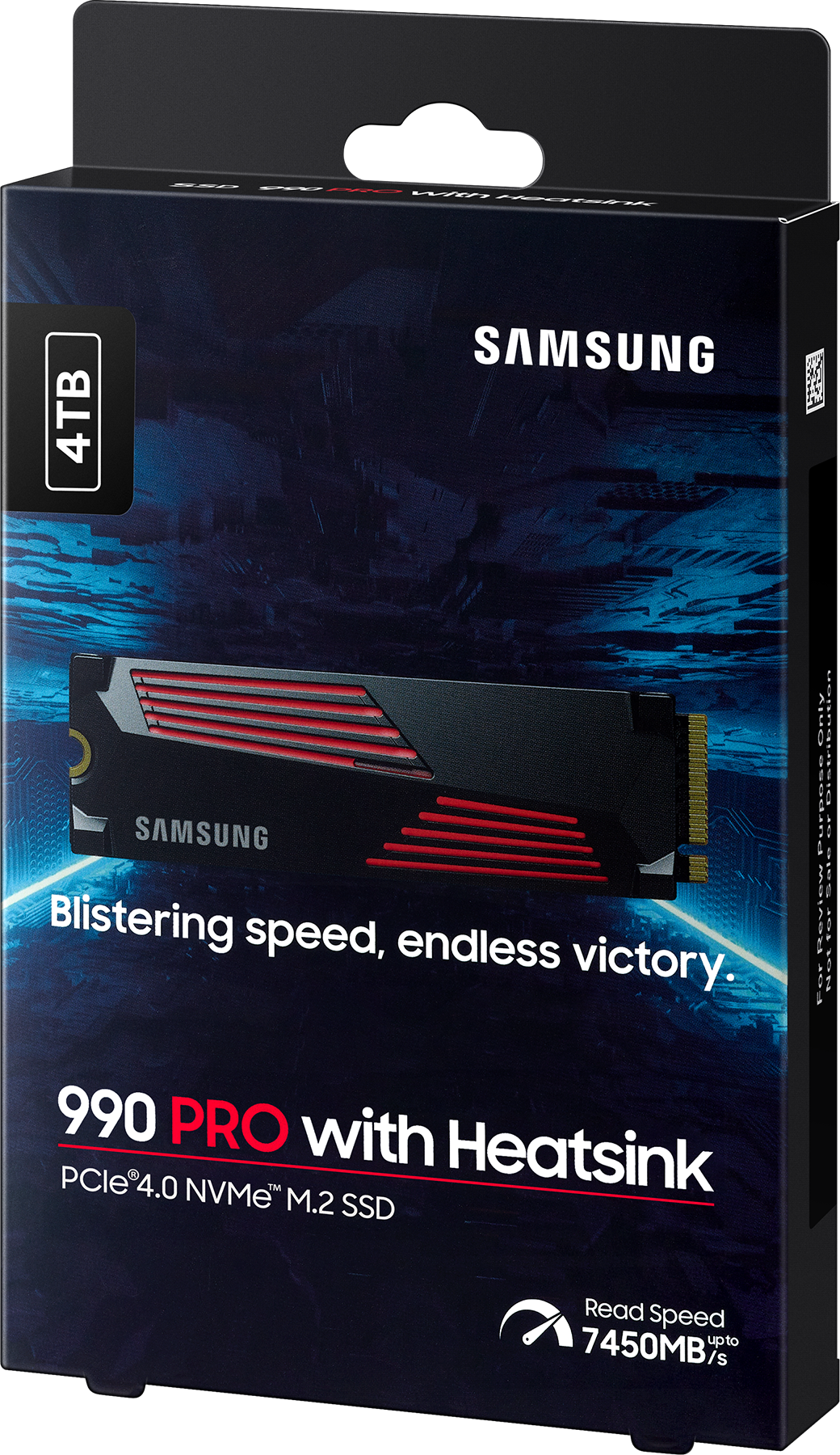 Une boîte SSD Samsung 990 PRO noire et rouge avec du texte et une étiquette 4 To.