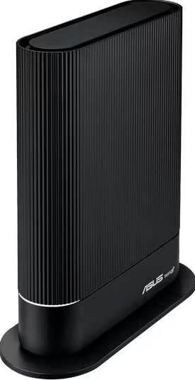 Un router wifi ASUS nero, design verticale con una texture a coste sul pannello frontale.