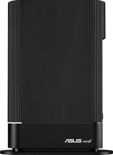 Router nero con linee verticali e base, logo ASUS Wifi.