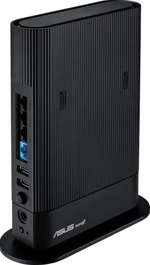 Router Wi-Fi ASUS nero con porte laterali, su base nera.