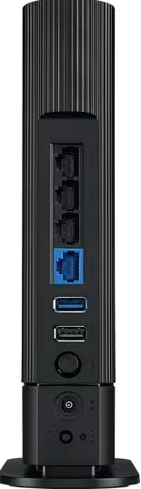 Dispositivo verticale nero con porte e pulsanti, su un supporto, su sfondo bianco.