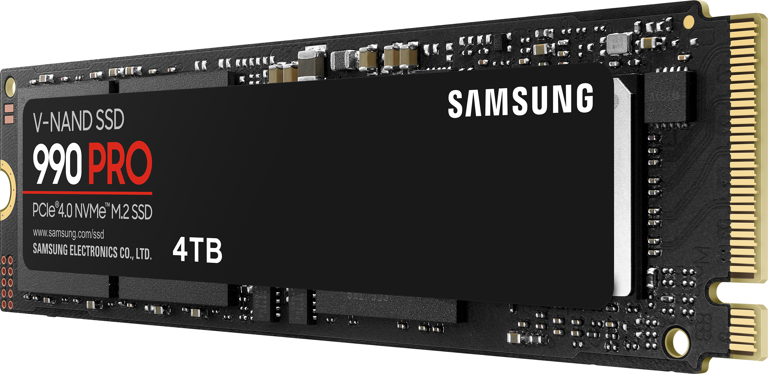 Samsung 990 Pro SSD. Noir avec texte rouge et blanc. Vue en angle.