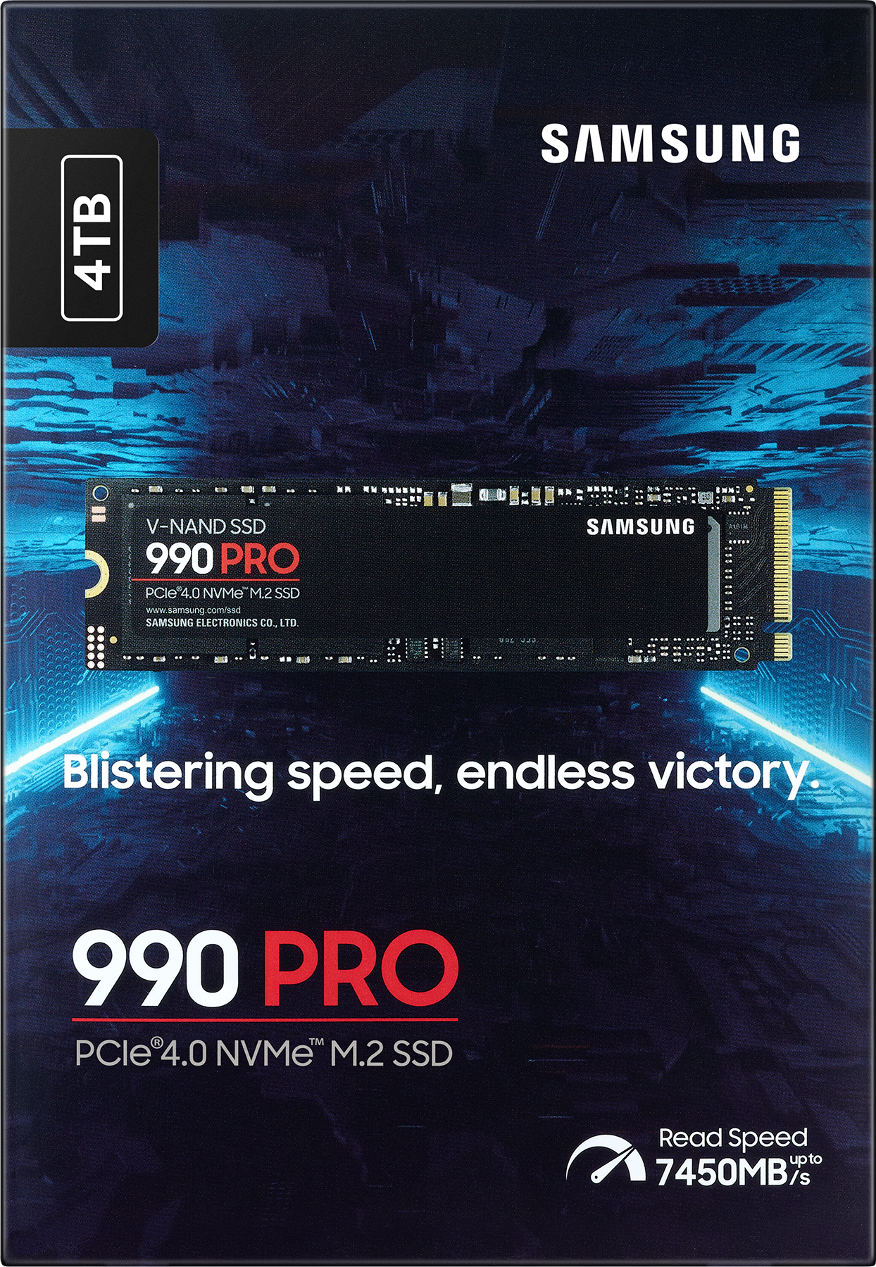Disque SSD avec texte. Étiquette 4TB à gauche. 'Blistering speed, endless victory'.