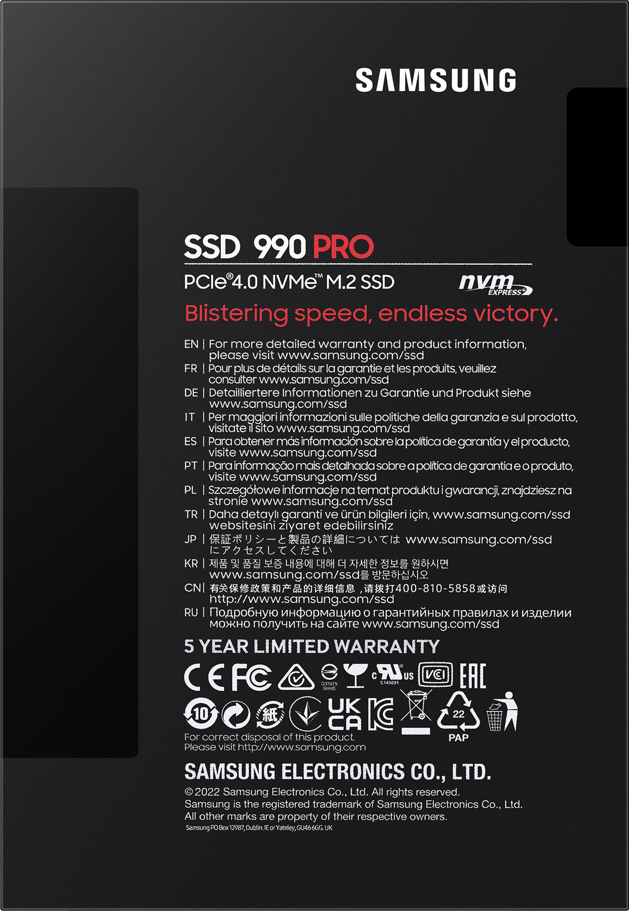 Une boîte noire avec du texte sur le SSD Samsung 990 PRO et une garantie de 5 ans.