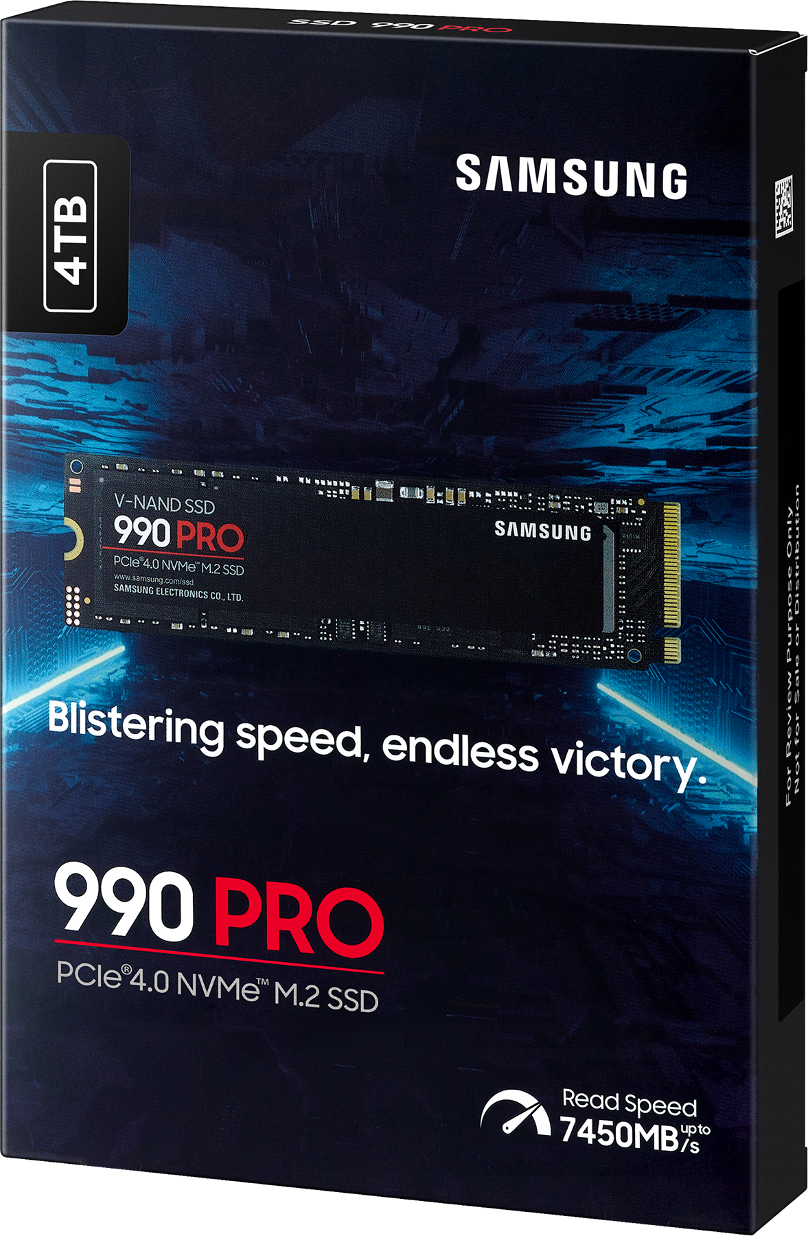 Boîte SSD : '990 PRO' avec 4TB, logo Samsung. Design noir, bleu et blanc, avec PCB à l'intérieur.