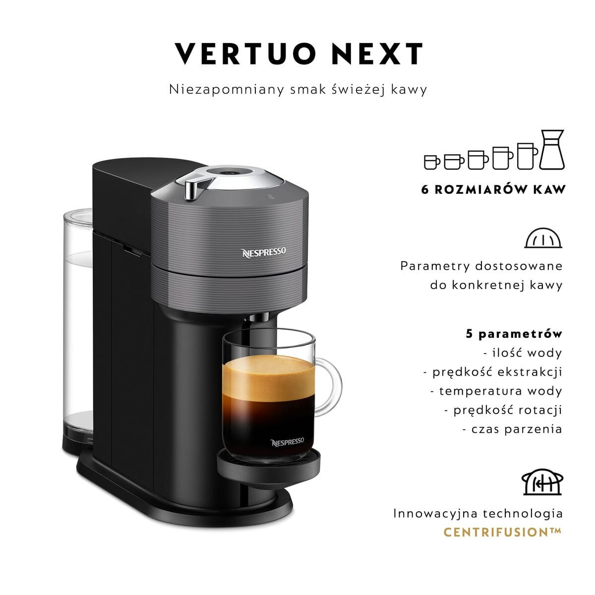 Ekspres na kapsułki De LONGHI-NESPRESSO Vertuo Next ENV120.GY Szary