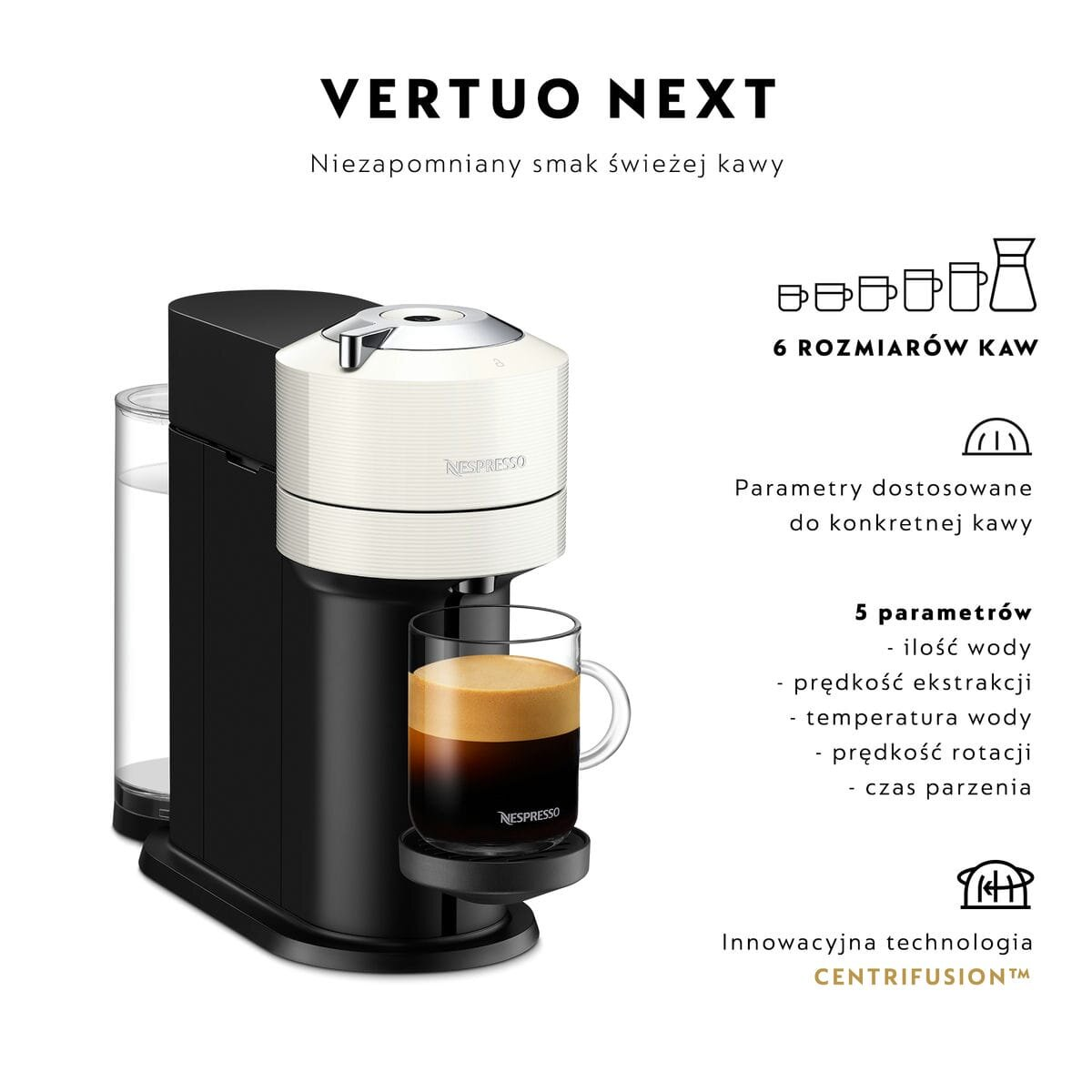 Czarno-biały ekspres do kawy ze szklanką kawy. Obecny tekst i ikony.