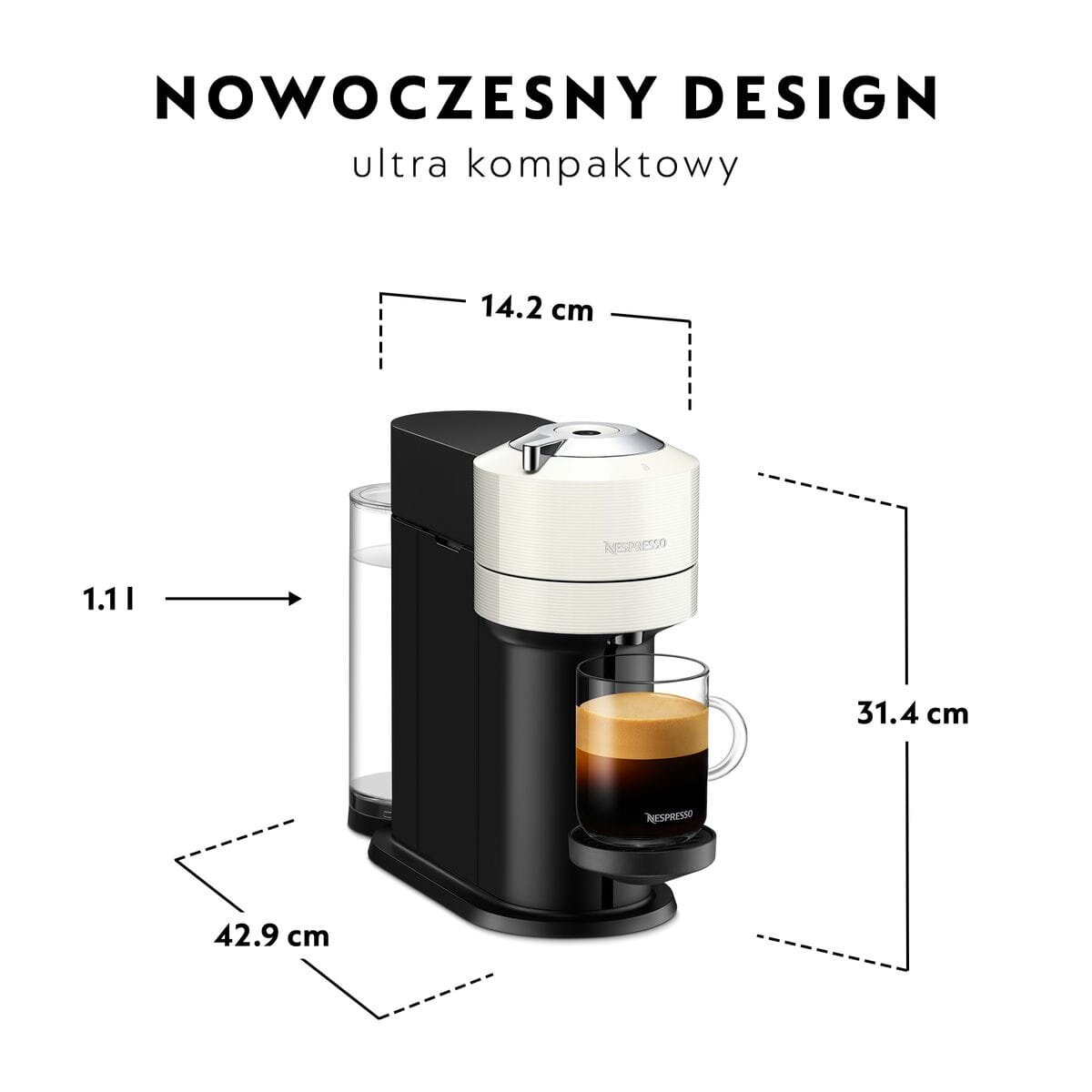 Czarno-biały ekspres do kawy Nespresso z wymiarami i tekstem w języku polskim.