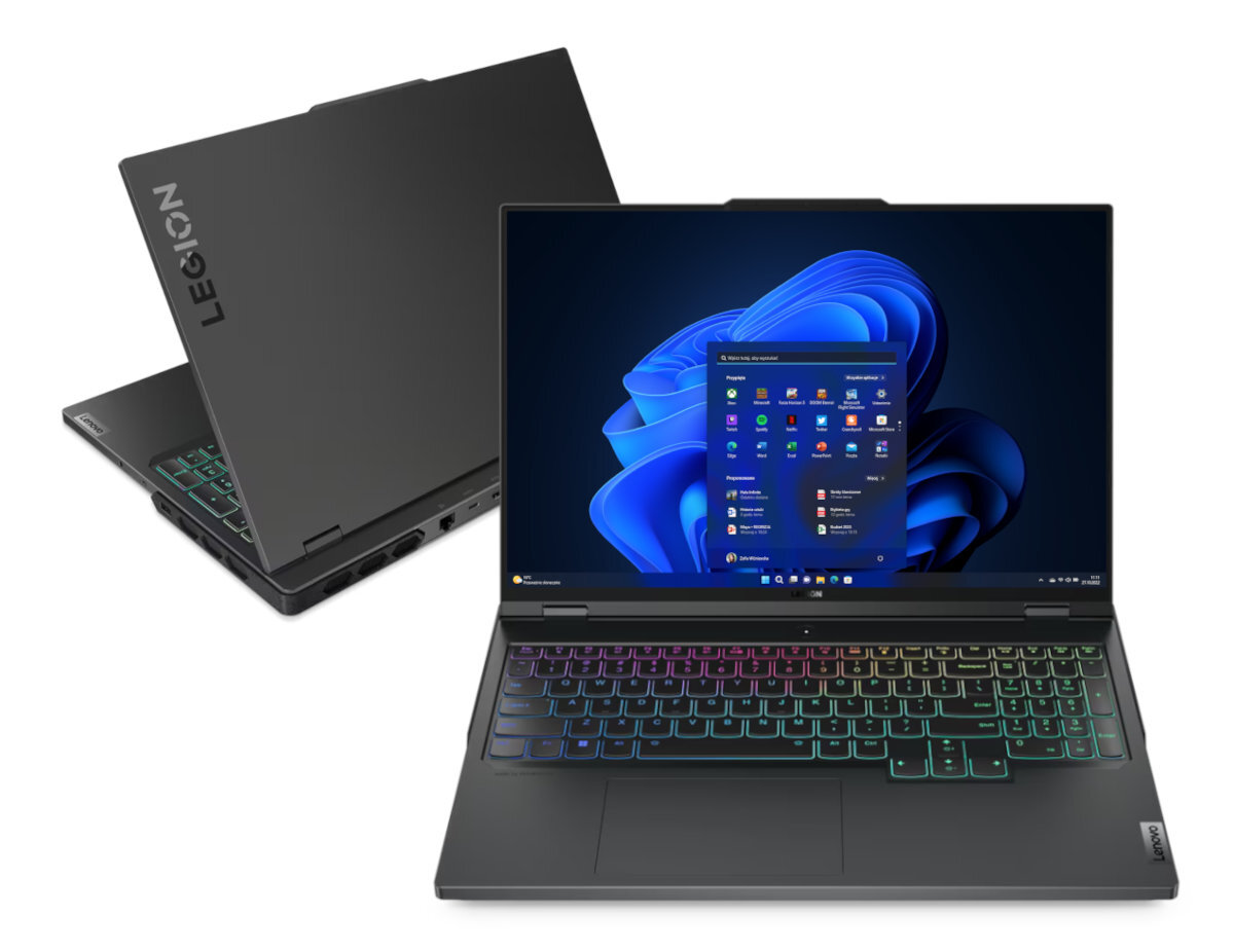 Dwa laptopy Lenovo Legion. Jeden otwarty, z kolorową klawiaturą, drugi zamknięty.