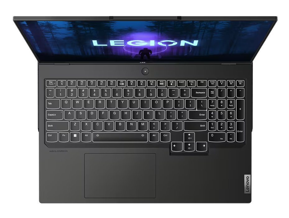 Czarny laptop Lenovo, otwarty, ze słowem LEGION na ekranie.