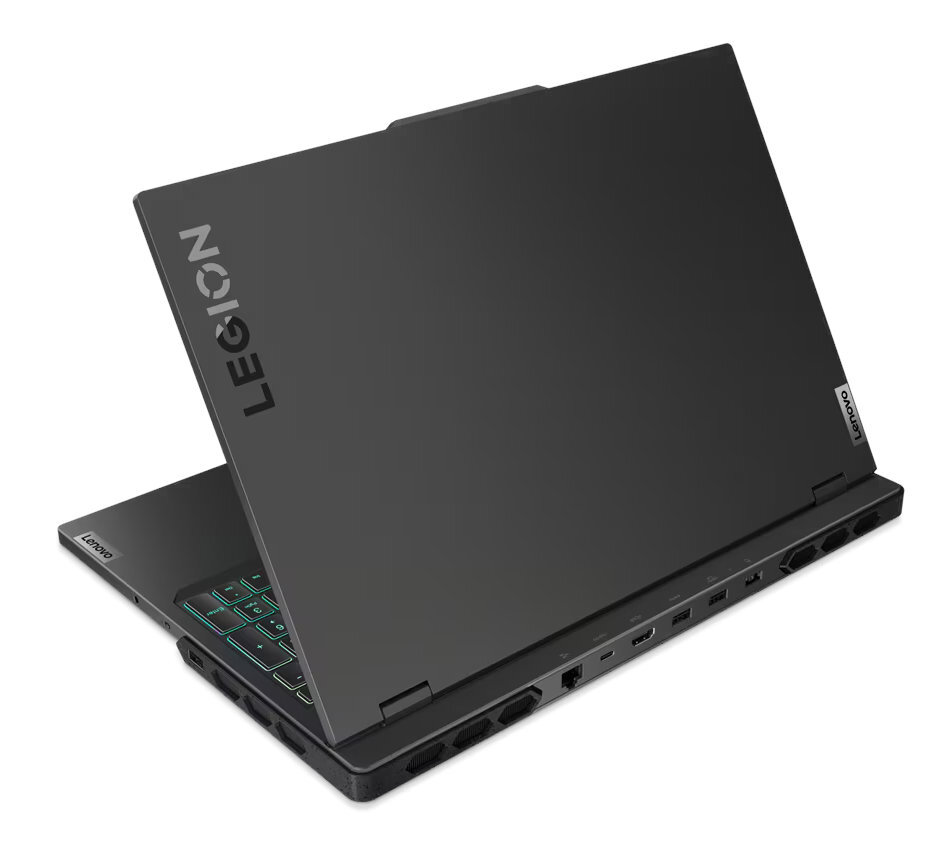 Czarny laptop Lenovo Legion, otwarty. Logo Legion jest widoczne z tyłu.